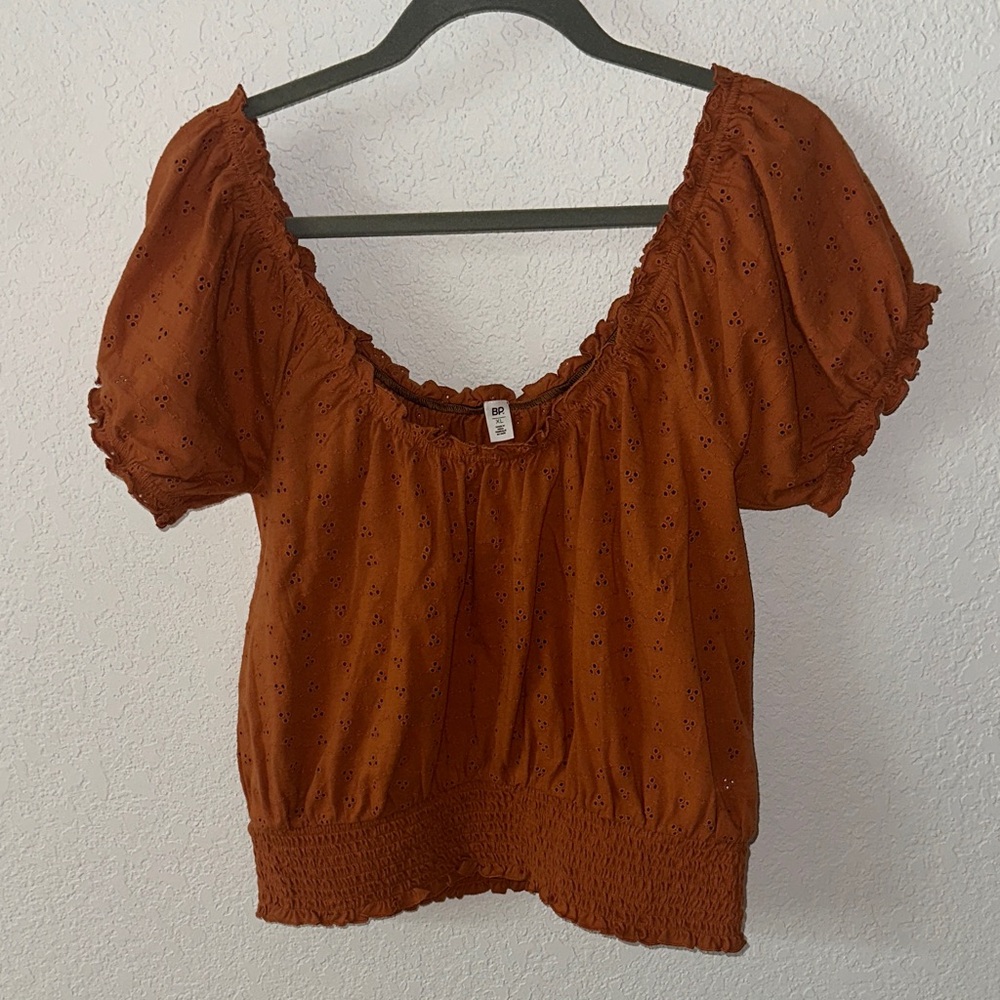 Nordstrom BP Embroidered Terracotta Puff Sleeve Blouse